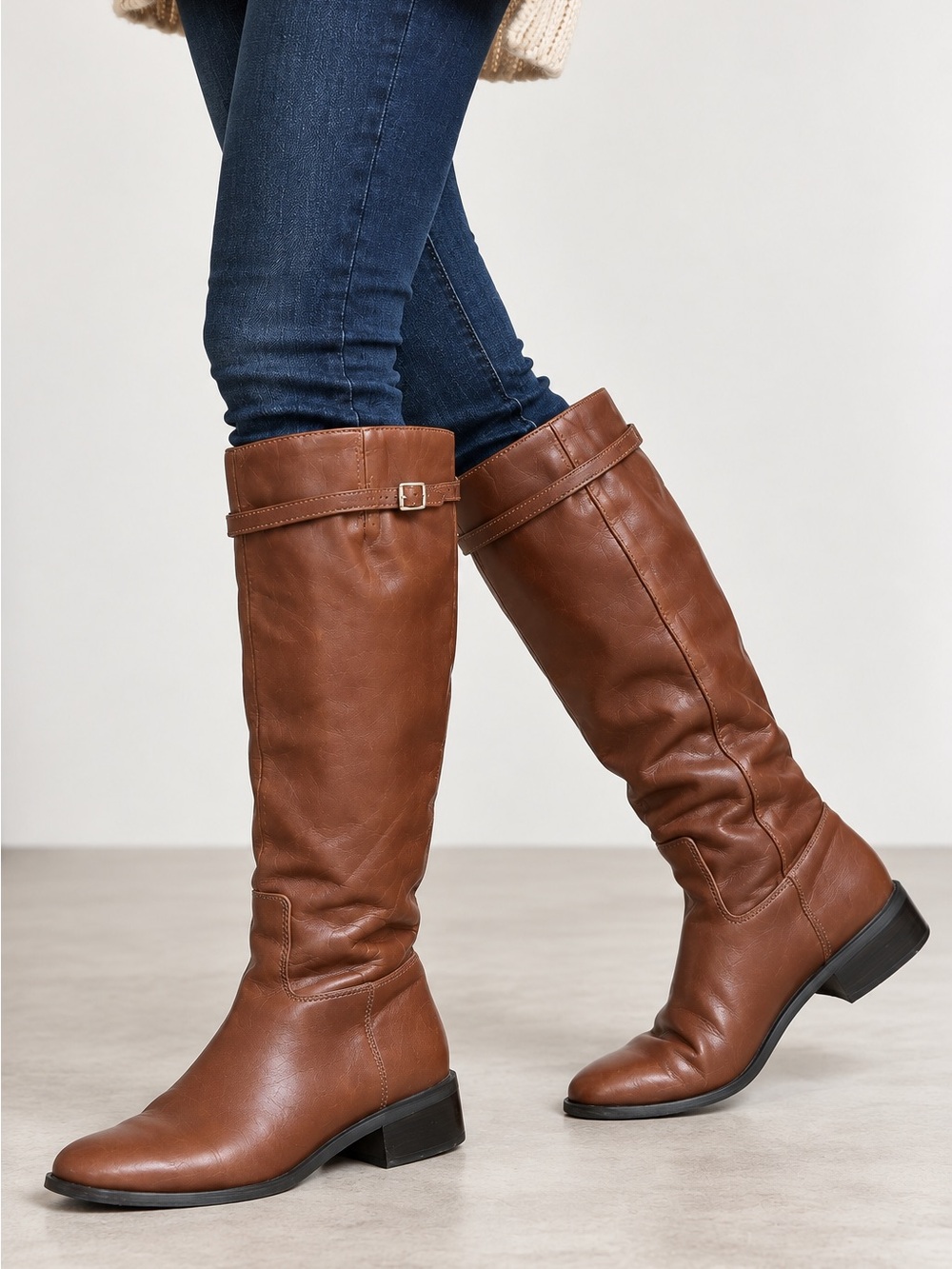 Franco Sarto Barbara Brown Leather Knee High Riding strap Boots quiet luxury 8.5